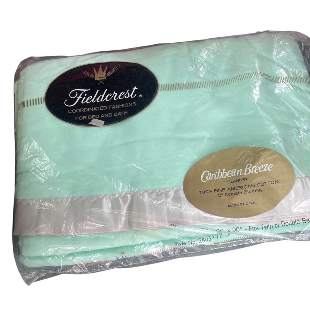 Vintage Fieldcrest Caribbean Breeze Blanket Mint Green Cotton Twin Double USA